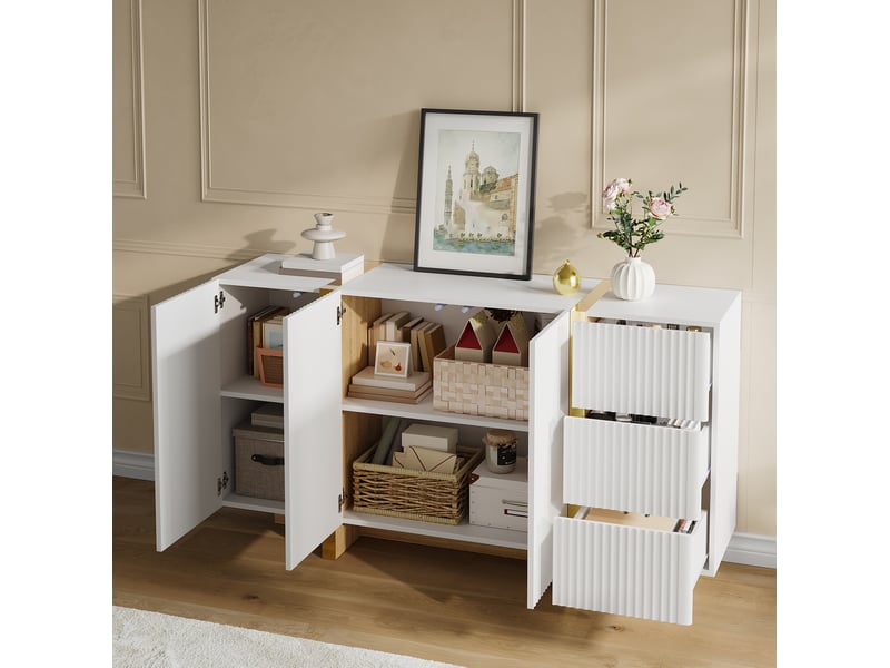 Buffet bas blanc 140 x 36 x 75 cm, 3 portes, 3 tiroirs, détails dorés - Conforama E