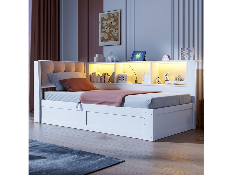  Lit de jour 90x200 cm équipé de levage hydraulique, led et usb, mdf, bois, panneau de particules, blanc, matelas non fourni  - Conforama E