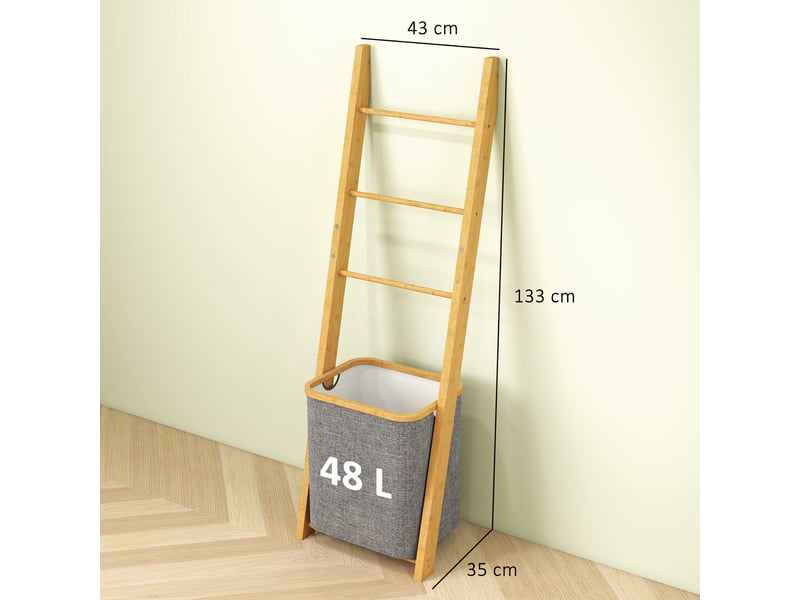 Porte-serviettes bambou avec panier à linge, échelle porte-serviettes avec 1 panier à linge, gris, 43 x 35 x 133 cm - Conforama C