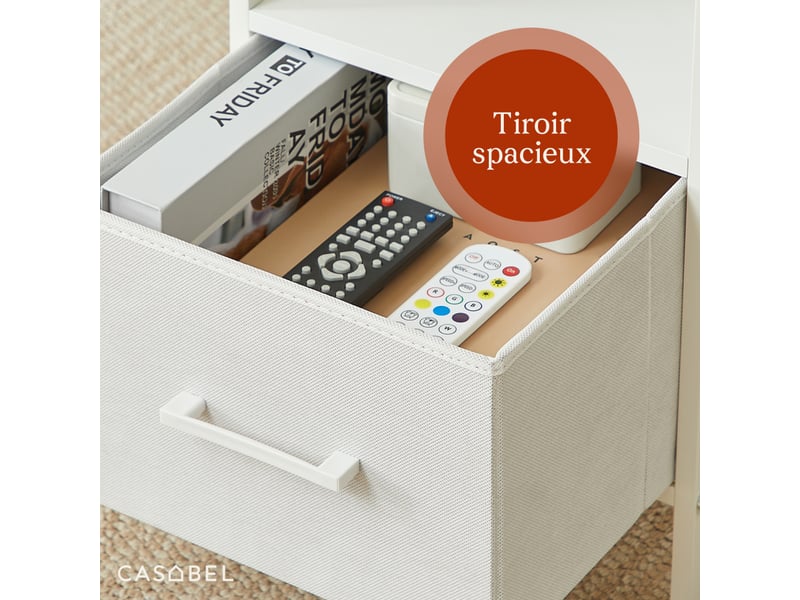  Casabel table de chevet blanche avec tiroir en tissu rigide, métal et bois, table d’appoint pour chambre ou canapé  - Conforama D