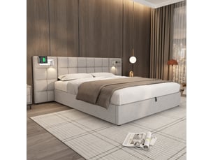 Lit coffre rembourré 180 x 200 cm, rangement hydraulique, usb, charge sans fil, lampe intégrée, sommier à lattes, lin, gris