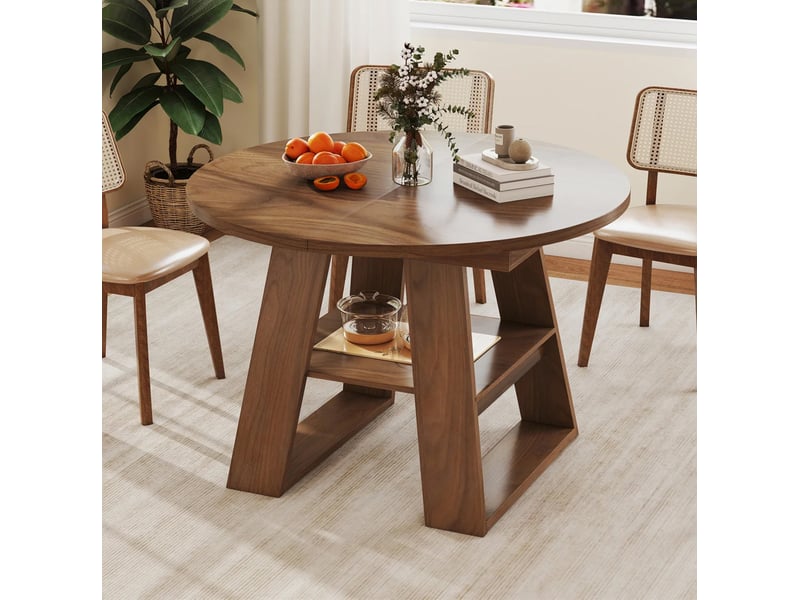  Table à manger extensible ronde 150x110x75 cm avec rangement, mdf, couleur noyer foncé, table peut être agrandie pour  - Conforama D
