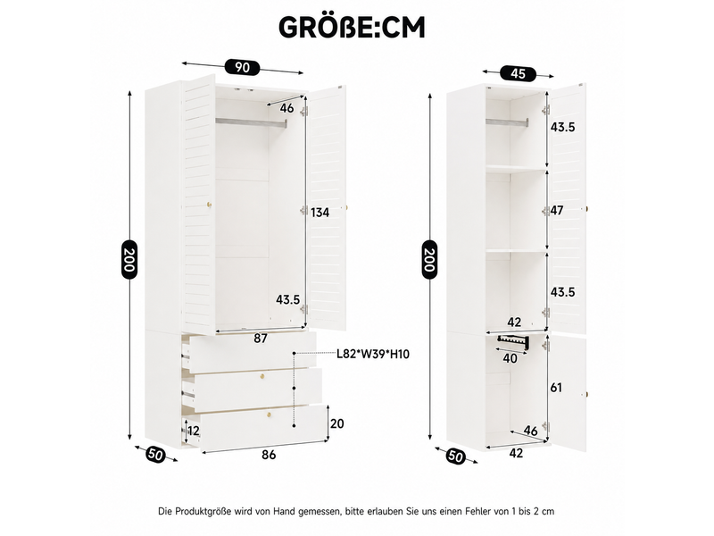  Armoire 5 portes à lamelles, 225 x 50 x 200 cm, 6 tiroirs et 3 penderies, blanche  - Conforama C