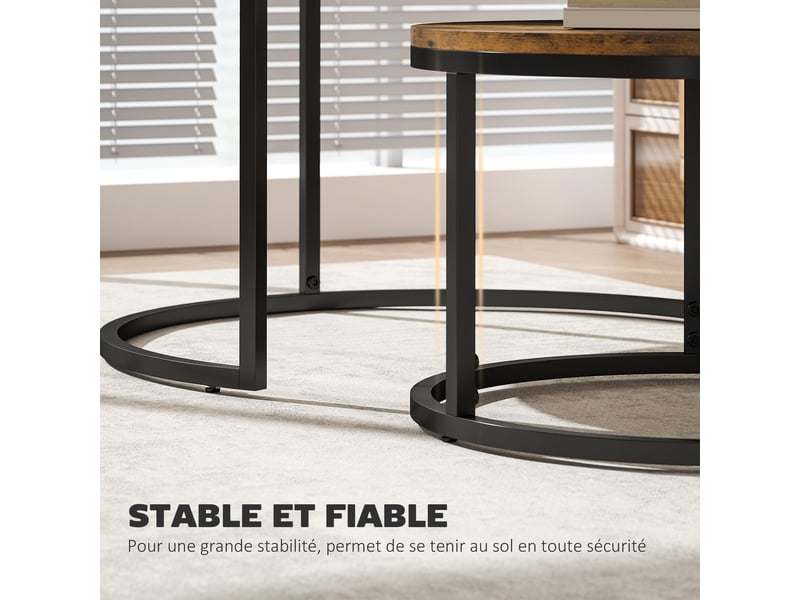  Lot de 2 tables basses gigognes empilable design industriel plateau imitation ciment pieds en métal rustique brun  - Conforama R