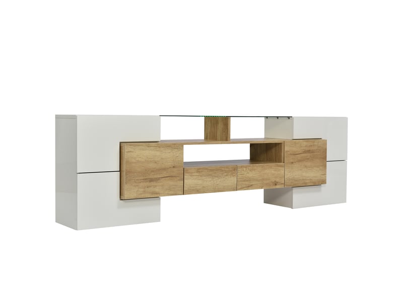  Meuble tv 200 cm - 6 portes et 2 tiroirs - éclairage led multicolore contrôlé par application - blanc brillant et bois naturel  - Conforama W