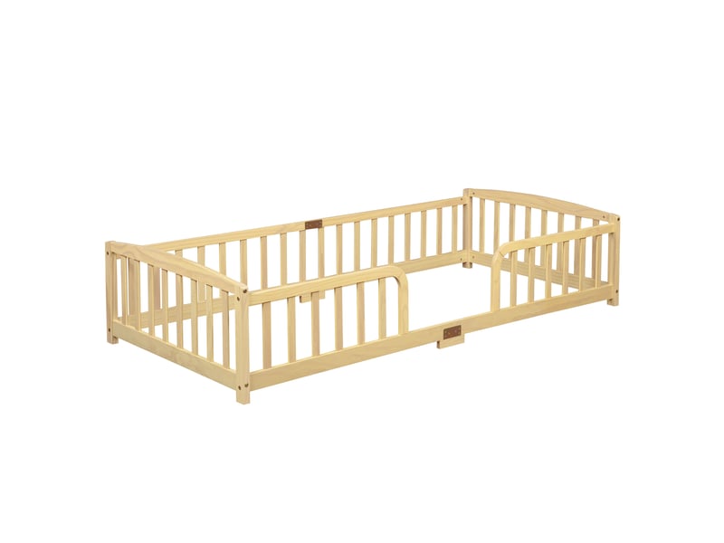  Lit au sol enfant 90x200 cm en bois de pin naturel avec barrières de sécurité  - Conforama E