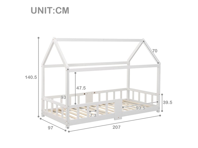  Lit cabane enfant 90x200 cm blanc avec sommier à lattes et tableau  - Conforama C