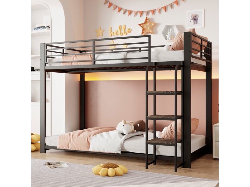  Lit superposé enfant 2 places 90×200 cm, escalier en bois et barrière - okmyhome- métal noir, sans matelas  - Conforama B