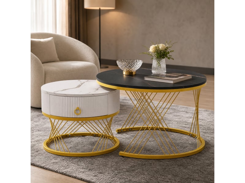 Lot de 2 tables basses gigognes rondes avec tiroir et plateaux effet marbre - Conforama D
