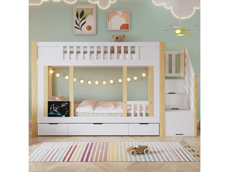  Lit superposé enfant 90x200 cm avec escalier de rangement et 3 tiroirs, blanc et naturel  - Conforama D