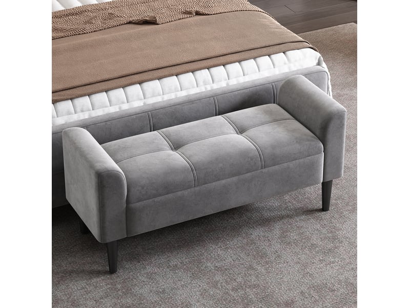 Banc de lit 116x44x56 cm, accoudoirs, motif matelassé, convient à plusieurs styles, mdf, meuble chambre, velours, gris - Conforama D