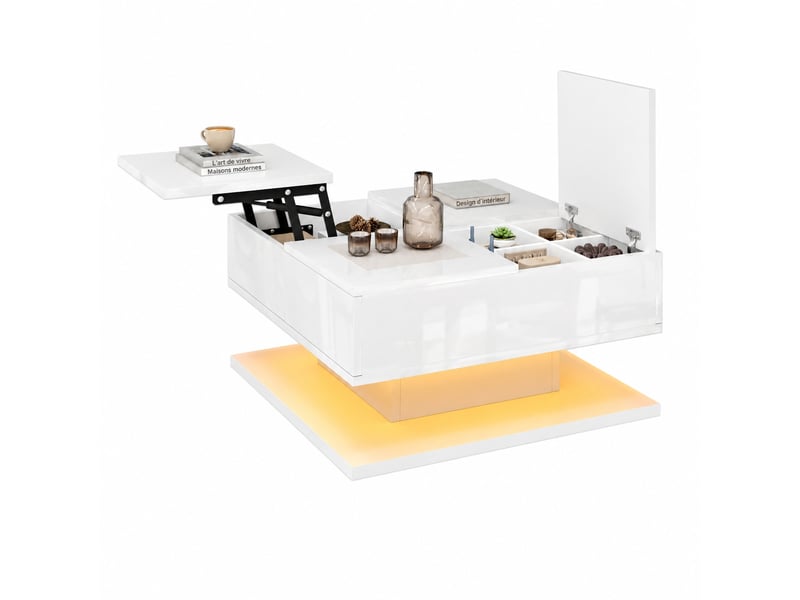  Table basse relevable blanche brillante avec grand rangement, 72 x 72 x 35 cm  - Conforama A
