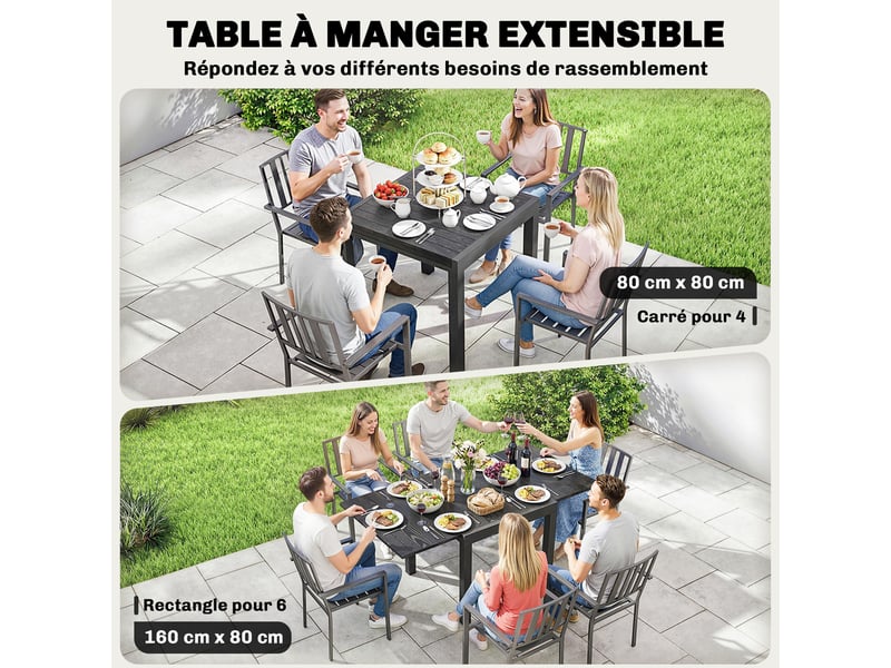  Table de jardin extensible 4-6 personnes en aluminium noir 80-160 x 80 x 75 cm  - Conforama D