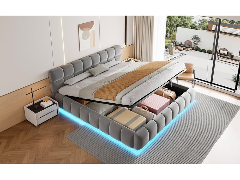 Lit coffre 180x200 cm, lit double, rangement hydraulique, velours gris, led  - Conforama R