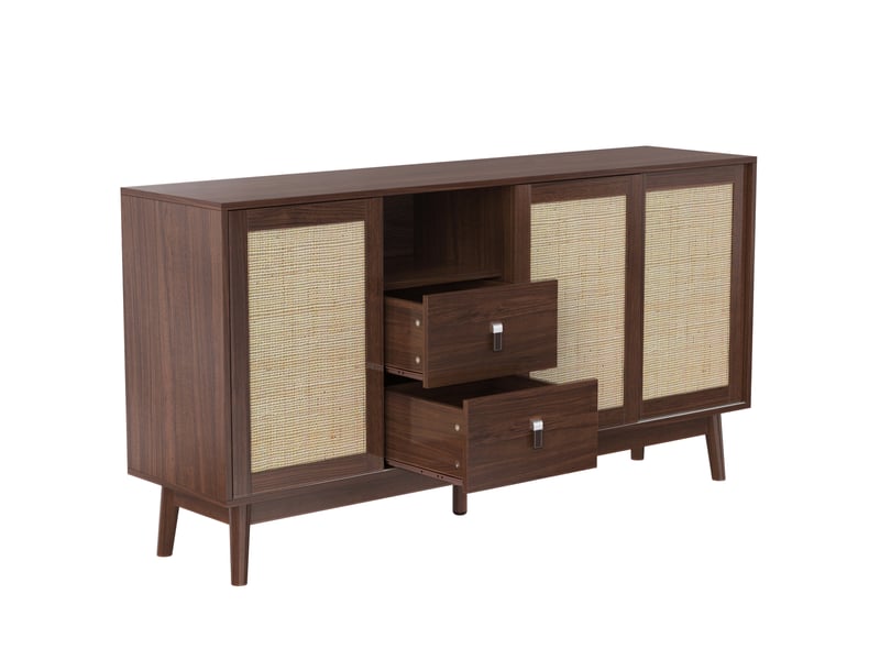  Bahut 3 portes coulissantes en rotin, 2 tiroirs, 155x38x80 cm, aéré et stable  - Conforama E
