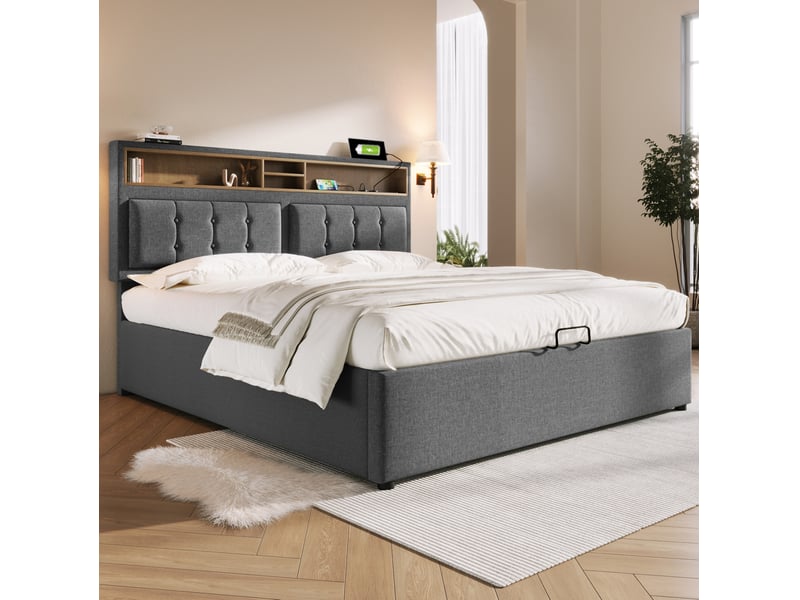  Lit coffre 140 x 200 cm gris avec matelas, tête de lit réglable et prises usbusb-c  - Conforama D