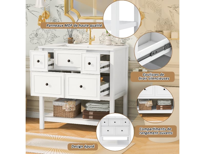  Meuble vasque 76 cm sur pied, meuble salle de bain blanc en mdf laqué avec vasque en céramique intégrée, 5 tiroirs et étagère, 76x46,5x82cm  - Conforama D