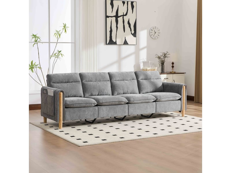  Canapé d'angle u 4 places en chenille 261x77x86 cm avec 2 poufs coffre, canapé modulable avec rangements et pieds en bois - gris clair  - Conforama E