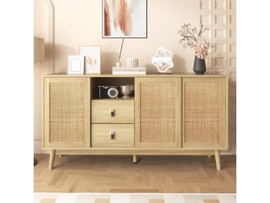 Buffet enfilade 155x38x80cm rangement gain de place | style scandinave en mdf et rotin | structure robuste charge 50kg - chêne naturel