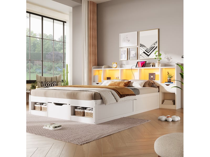  Lit avec rangement 140x200 cm, 3 tiroirs et rangements, led et port usb, en bois, blanc  - Conforama B