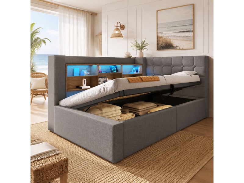 Lit coffre 90x190 cm éclairage led et ports de charge en lin gris - Conforama C