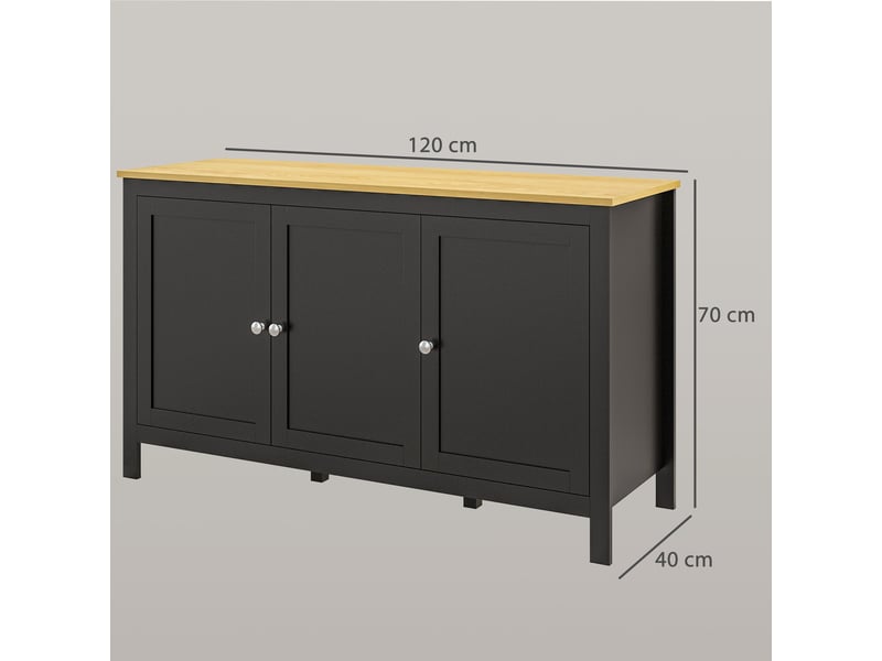  Buffet de rangement, 3 portes, 2 étagères réglables, plateau aspect bois clair, 120x40x70 cm, noir  - Conforama E