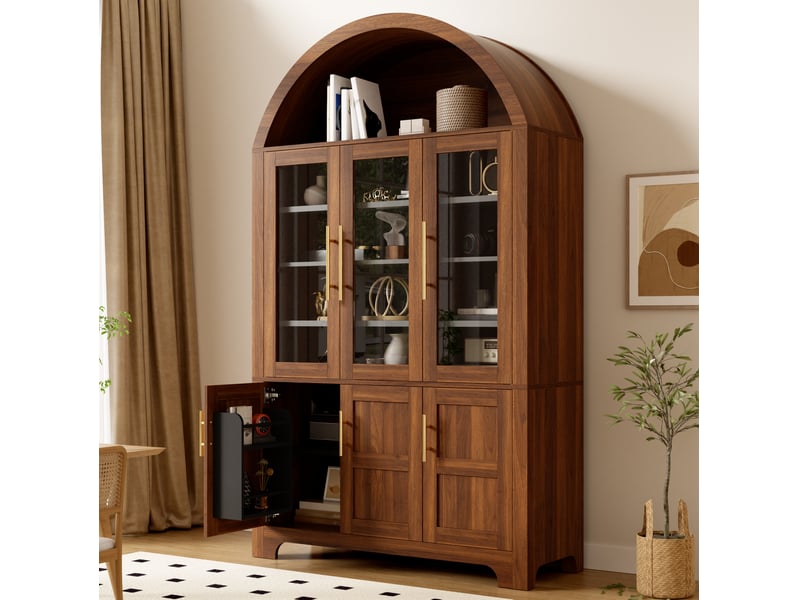 Buffet haut 6 portes en mdf et panneau de particules bois foncé, vitrine et étagères réglables pour ranger - Conforama B