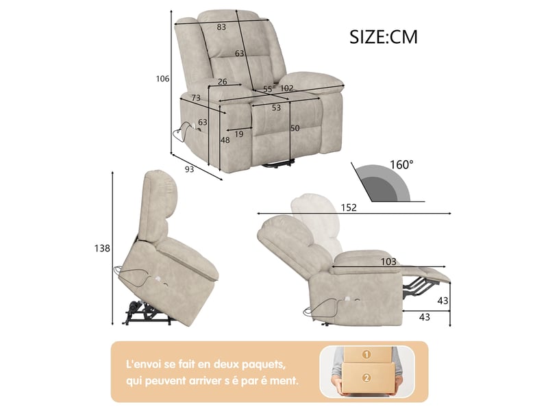  Fauteuil relax électrique - 93x83x106cm - massage 8 points, chauffage lombaire &amp; aide au relevage - tissu suédine - beige  - Conforama E