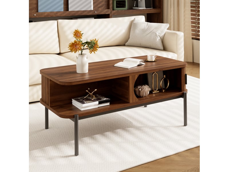  Table basse rectangulaire 100x45x43 cm avec rangement, portes coulissantes en mdf coloris noyer  - Conforama D