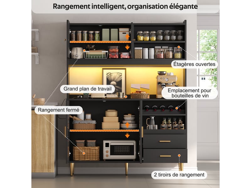  Meuble de cuisine 130 x 40 x 172 cm muvano, noir avec éclairage led et prises intégrées  - Conforama E