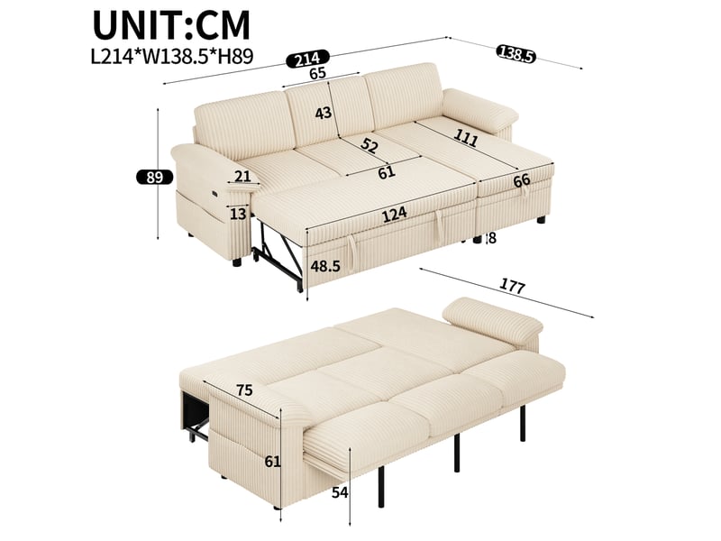  Canapé d’angle 214x138.5x89 cm convertible, velours côtelé beige  - Conforama E