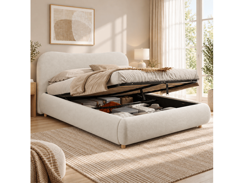  Lit coffre double 180 x 200 cm blanc bouclé avec tête de lit et sommier à lattes  - Conforama C