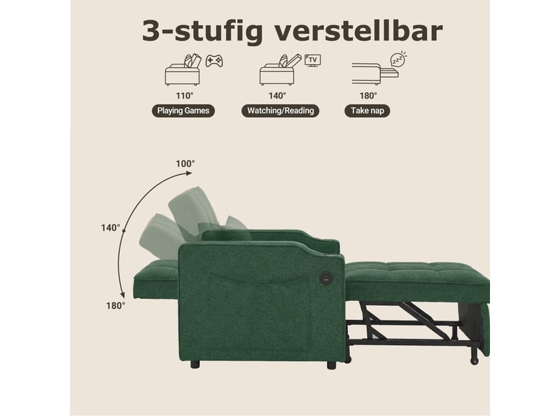 Fauteuil convertible 3-en-1 à dossier réglable  - ports usb et usb-c, porte-gobelet, tissu vert  - Conforama E