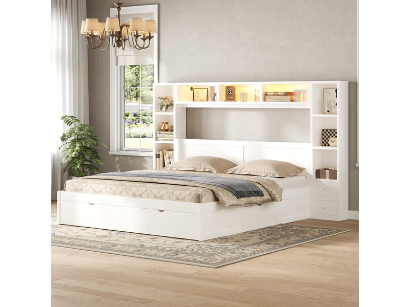  Lit double 140x200 cm avec tête et pied de lit, 7 tiroirs, rangements multiples, étagères intégrées et éclairage led - blanc  - Conforama E