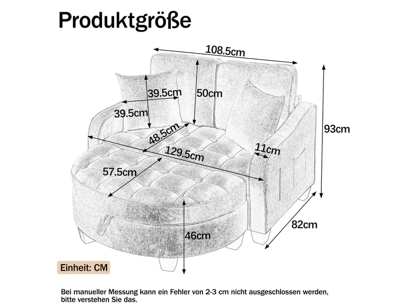 Canapé 1 place convertible 2-en-1 139,5x129,5x93 cm, pouf de rangement intégré, cadre en eucalyptus, chenille marron - Conforama C