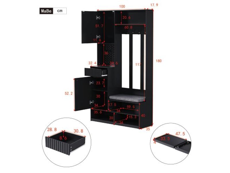 Armoire-penderie noir avec banc intégré - 100×180×35 cm, 4 crochets, portes et tiroirs  - Conforama C