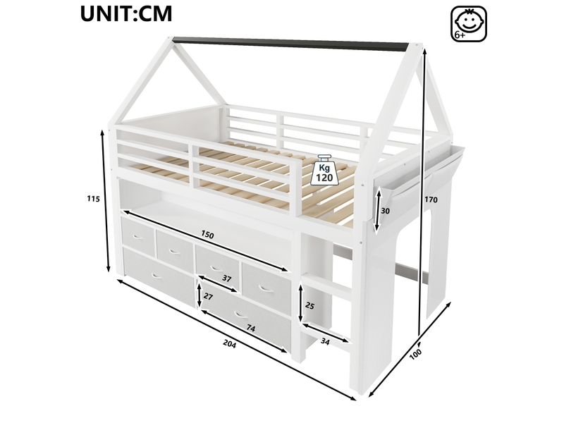  Lit mezzanine enfant 90x200 cm avec led, 6 tiroirs en tissu, blanc, sans matelas  - Conforama C