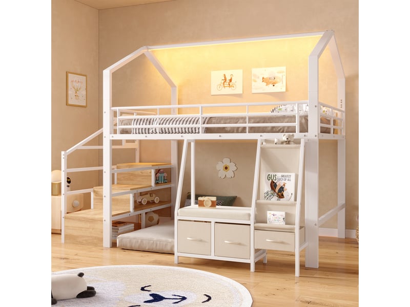  Lit mezzanine enfant 140x200cm en forme de maison avec escalier, étagères, tiroirs en tissu et led, structure en métal, blanc  - Conforama E