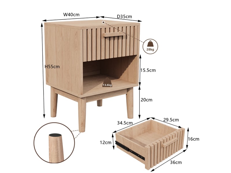  Lot de 2 tables de chevet, 40x35x55 cm, avec 1 tiroir et compartiment ouvert, pieds en bois massif, style scandinave, couleur chêne  - Conforama E