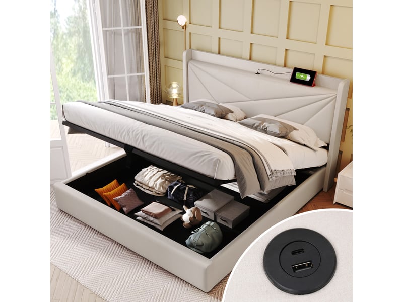  Lit double rembourré 160x200 avec tête rangeante, usb type-c, coffre et lattes, beige, sans matelas  - Conforama C