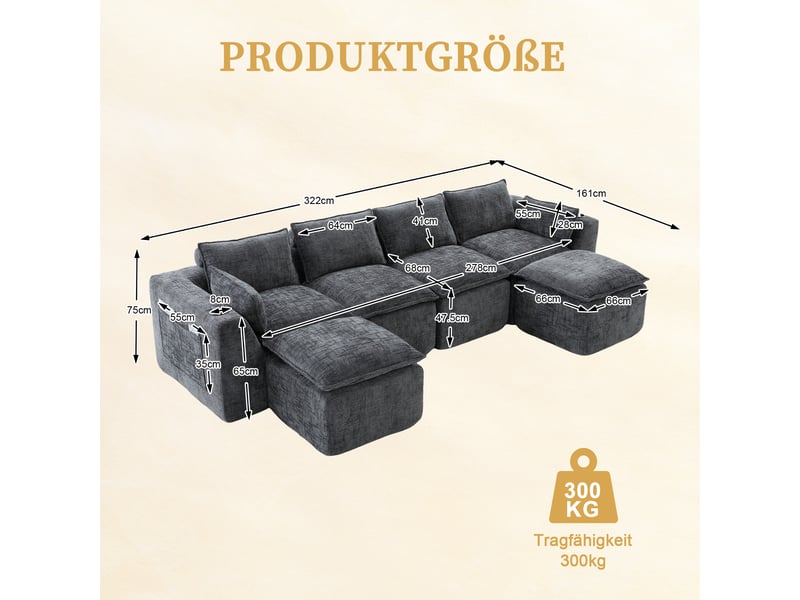  Canapé modulable compression d'angle en u,322x161x75cm,velours côtelé,canapé 4 places avec 2 poufs,porte-gobelets,poches latérales,sans montage,gris foncé  - Conforama C