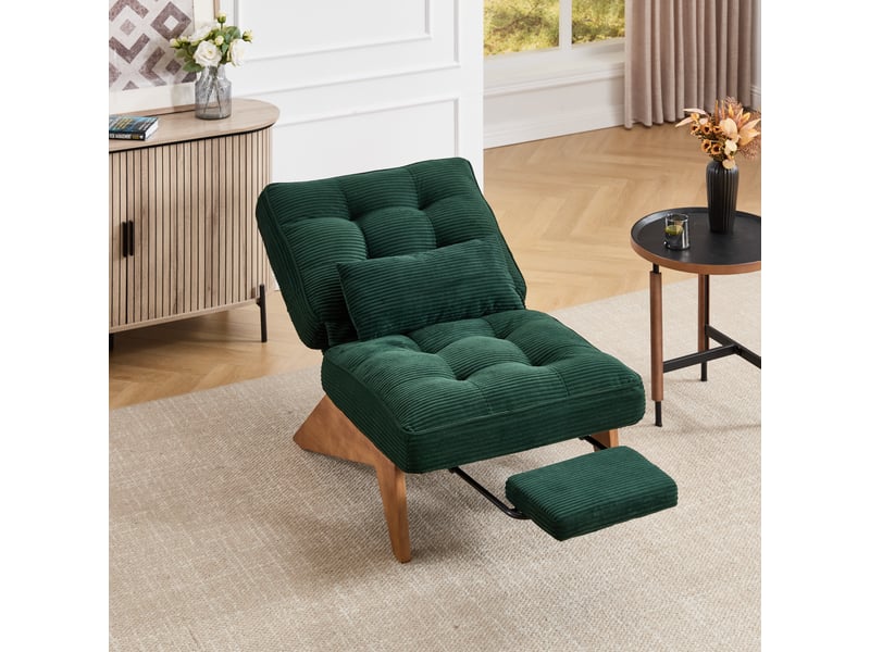  Fauteuil lounge réglable 127 x 73 x 90 cm en tissu vert avec repose-pieds, coussin lombaire et pieds en bois, design moderne  - Conforama W