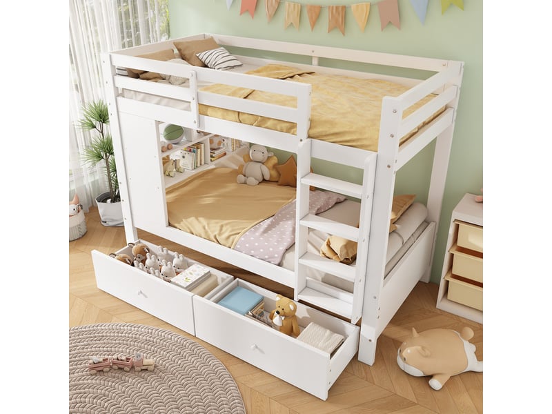  Lit enfant superposé, 90 x 200 cm, avec tiroirs rangement échelle, bois, blanc  - Conforama D
