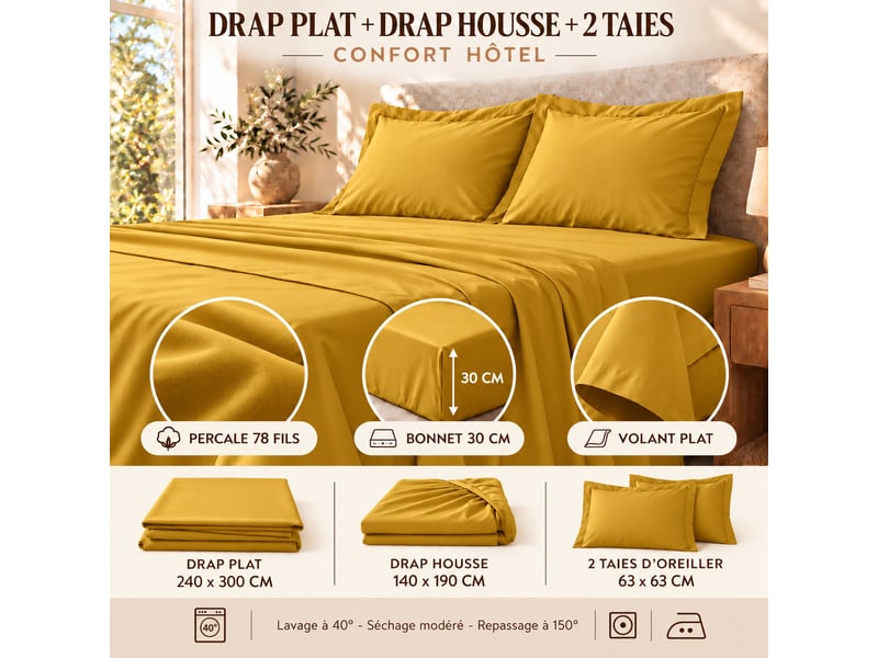  Ensemble literie 4 pièces drap plat 240 x 300 cm + drap housse 140x190 cm + 2 taies 63x63 cm percale 78 fils curry  - Conforama E