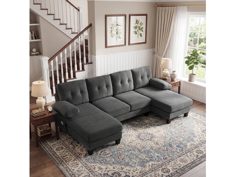  Canapé panoramique en u 4 places en tissu chenille gris avec doubles méridiennes  - Conforama E