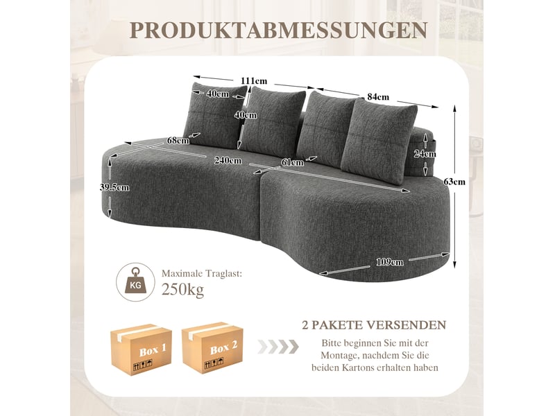  Canapé 3 places en tissu de lin gris foncé avec 4 coussins, porte-gobelets et poches latérales  - Conforama E