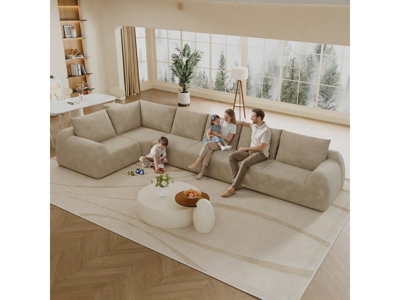  Canapé d’angle 6 places en forme l, canapé à compression de mousse, sans montage, chenille, kaki, 401x200x85 cm  - Conforama E