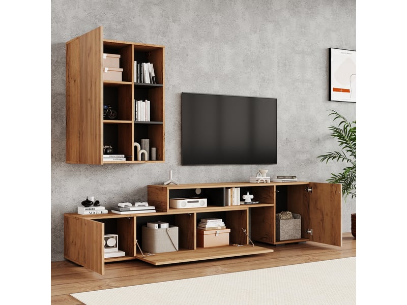  Ensemble meuble tv avec vitrine extensible de 174 à 265 cm, meuble tv chêne et noir pour écran jusqu'à 120 pouces  - Conforama B