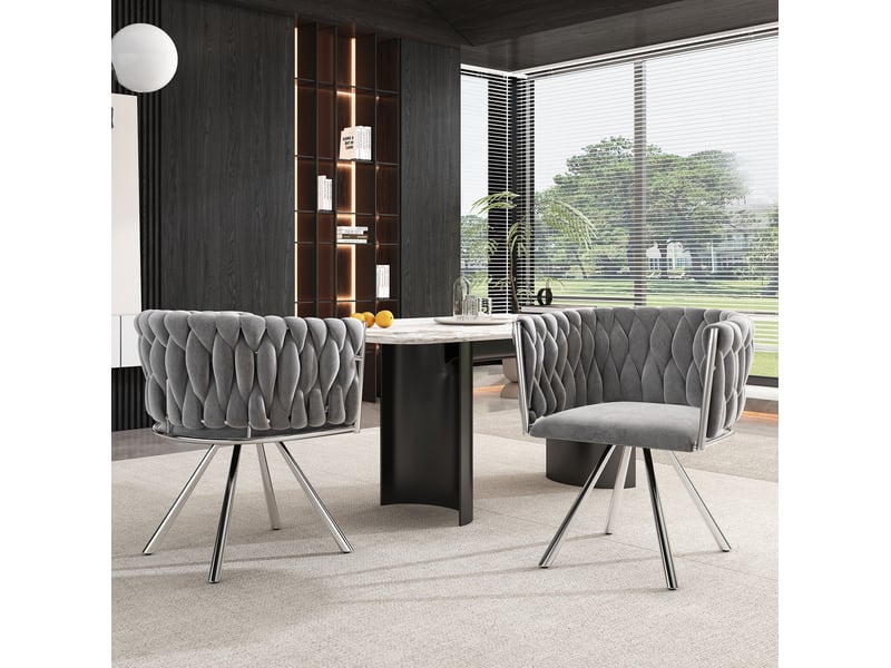  Chaise de salle à manger pivotante, lot de 6, dossier incurvé et pieds en acier, en velours gris et argenté  - Conforama E