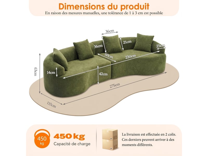  Canapé courbé moderne canapé modulable 4 places en chenille verte 275 cm sans montage  - Conforama C